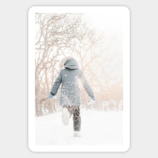 Child running in snow, backlight and throwing snow Sticker